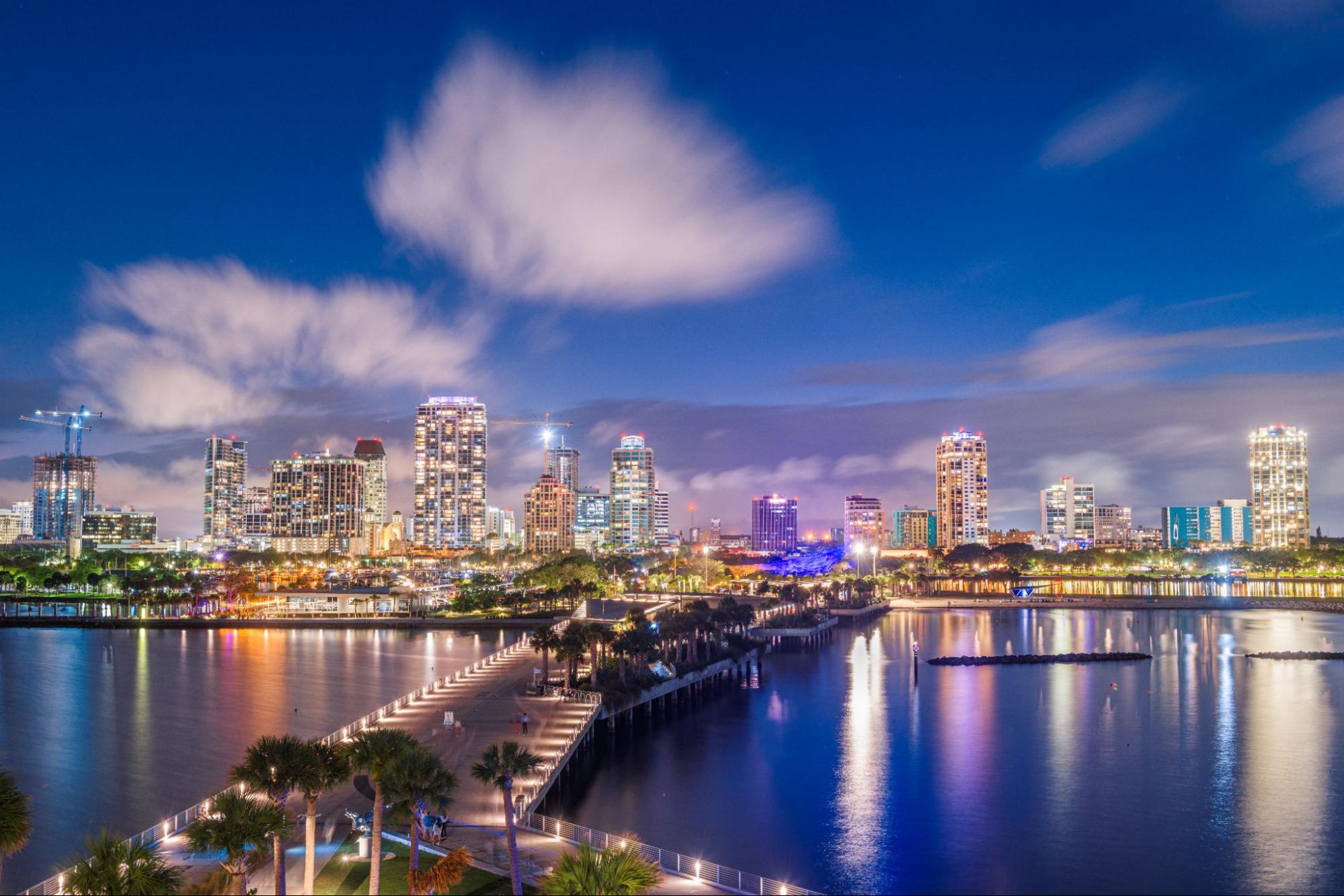 Vibrant evening skyline of St. Petersburg, showcasing the city's dynamic commercial real estate opportunities.