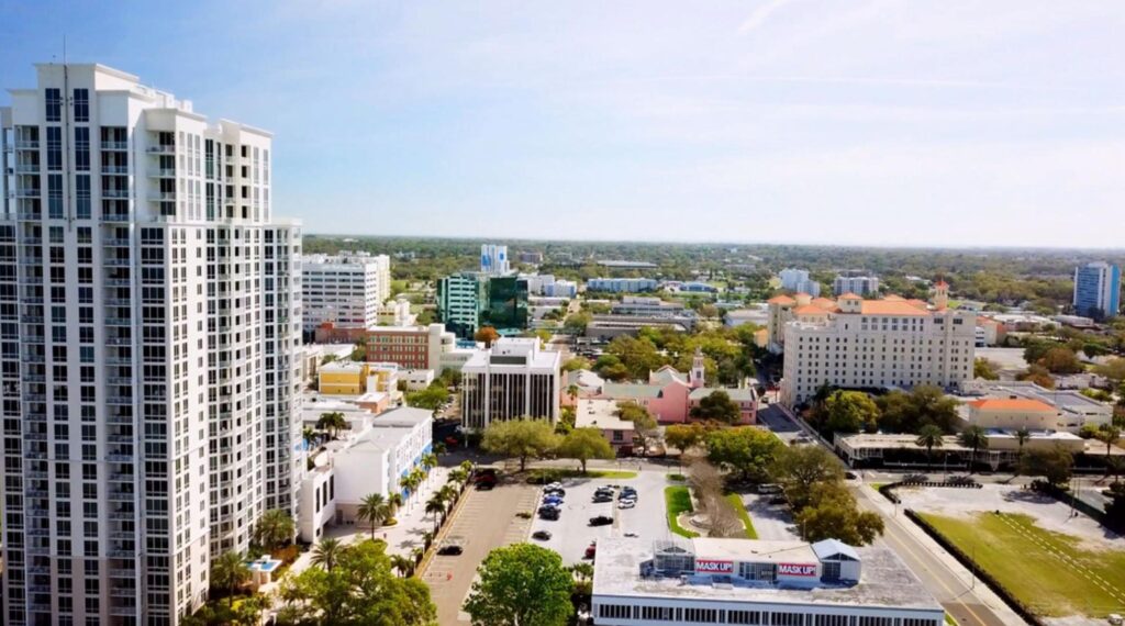 Aerial view of Clearwater showcasing urban and residential expansion