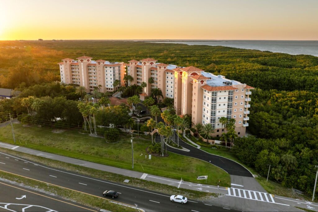 Aerial view of modern apartment buildings in downtown Florida, showcasing urban residential development