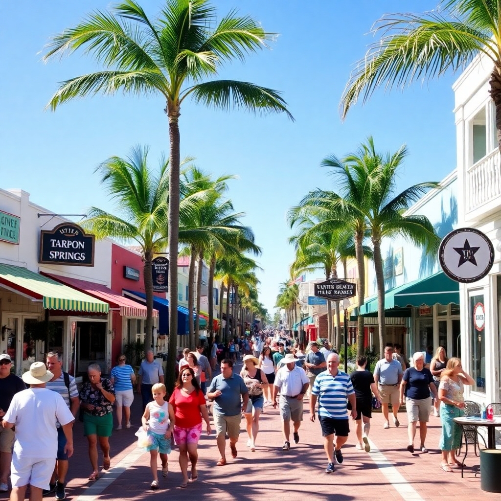 Bustling commercial district in Tarpon Springs, Florida, with retail shops and restaurants attracting tourists.