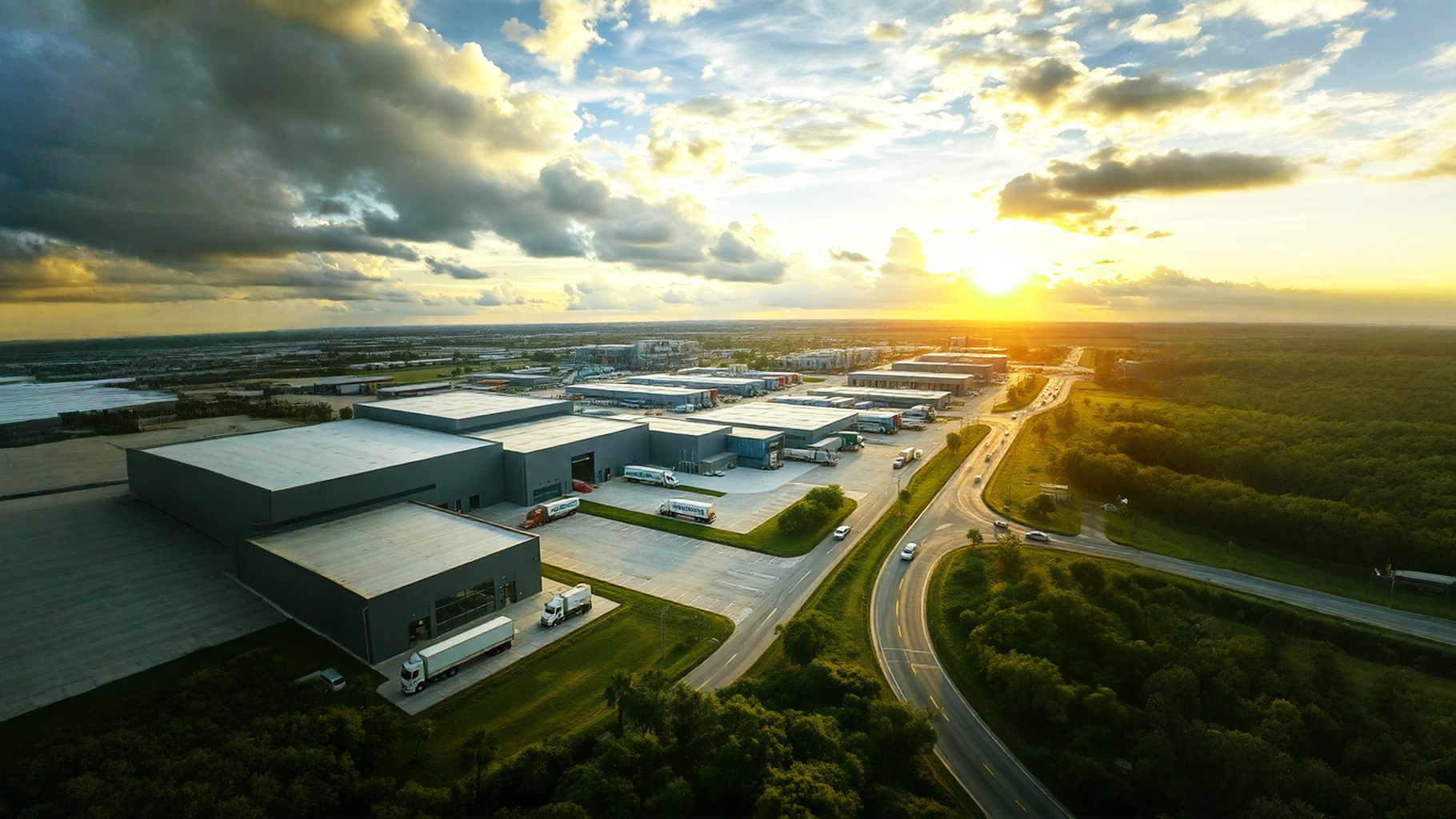 A panoramic view of an industrial district in Tarpon Springs, Florida, highlighting its growing commercial real estate market.