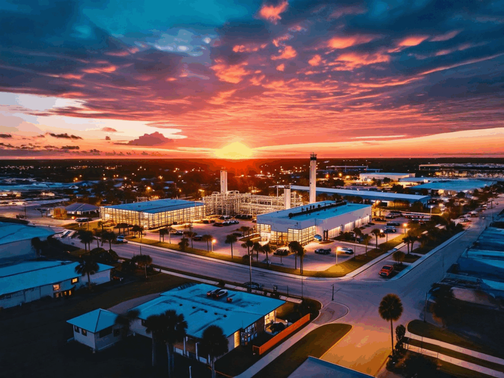 Palm Harbor’s mixed-use zone showing industrial properties adjacent to residential neighborhoods at dusk.