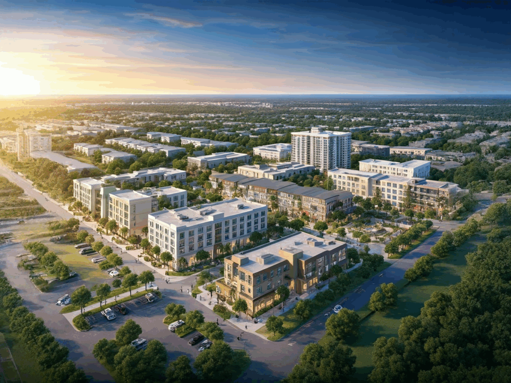 An aerial perspective of a mixed-use development in Dunedin, Florida, highlighting integrated urban planning.