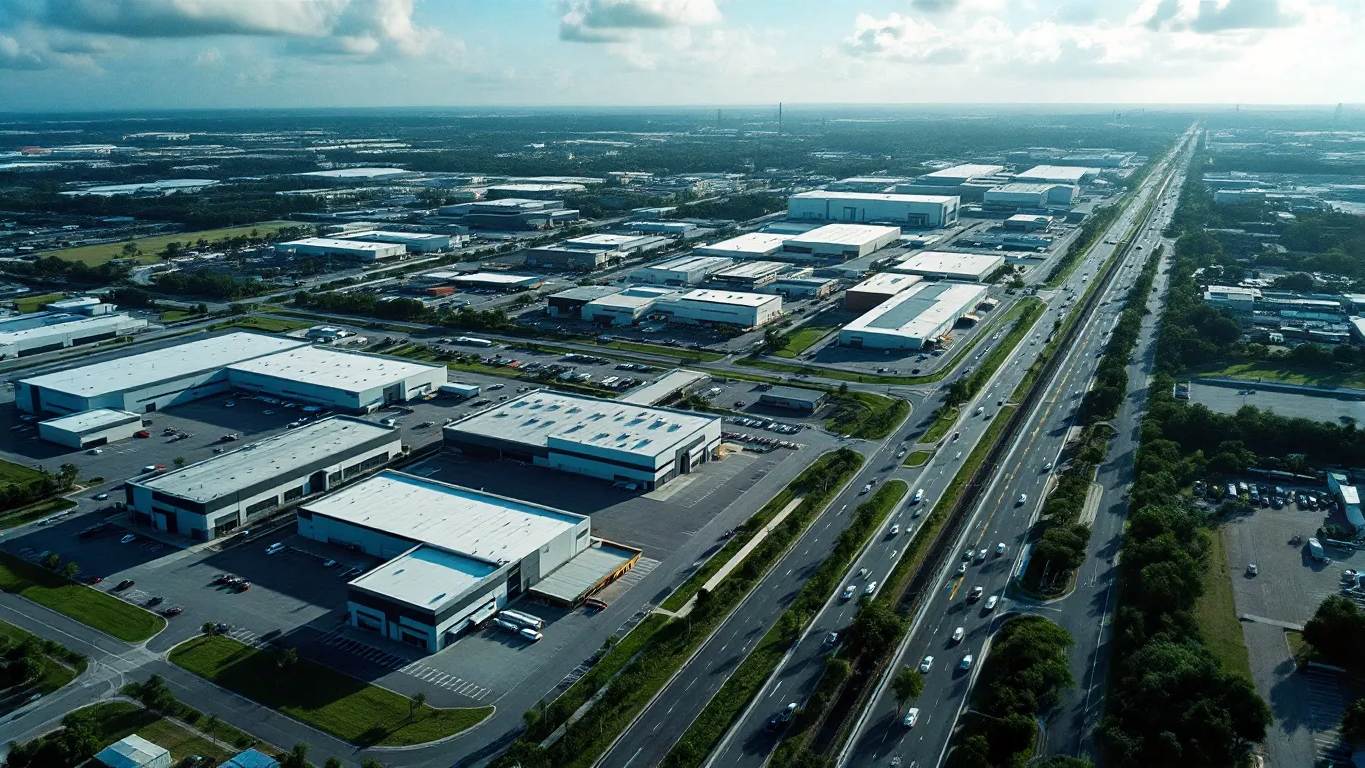 Aerial view of Palm Harbor industrial district showcasing warehouses and highway access, representing the area's logistics strength.