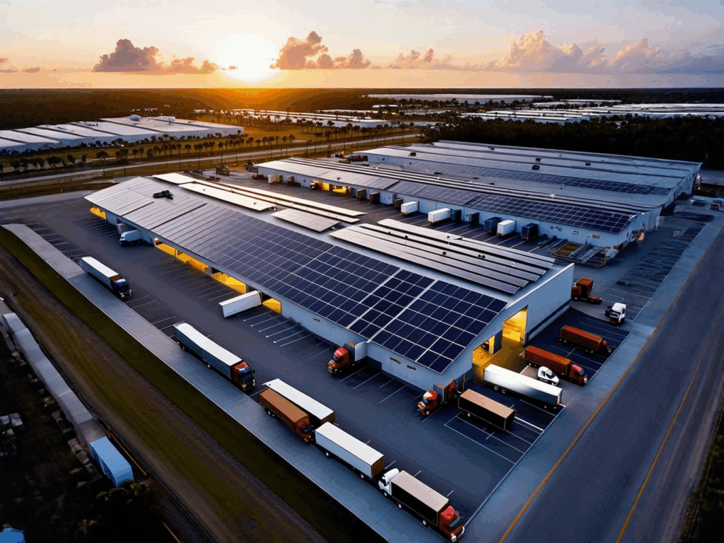 Eco-friendly industrial facility in Palm Harbor with solar panels and active logistics operations.