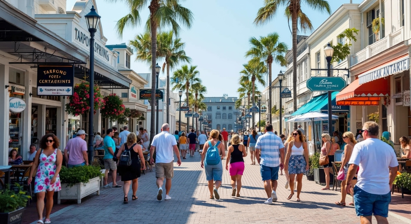 A lively commercial district in Tarpon Springs, Florida, showcasing retail shops, restaurants, and waterfront attractions influenced by tourism.
