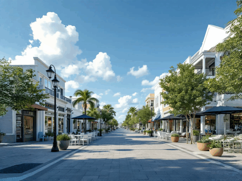 A walkable mixed-use district in Dunedin, Florida, showcasing modern retail and residential integration.