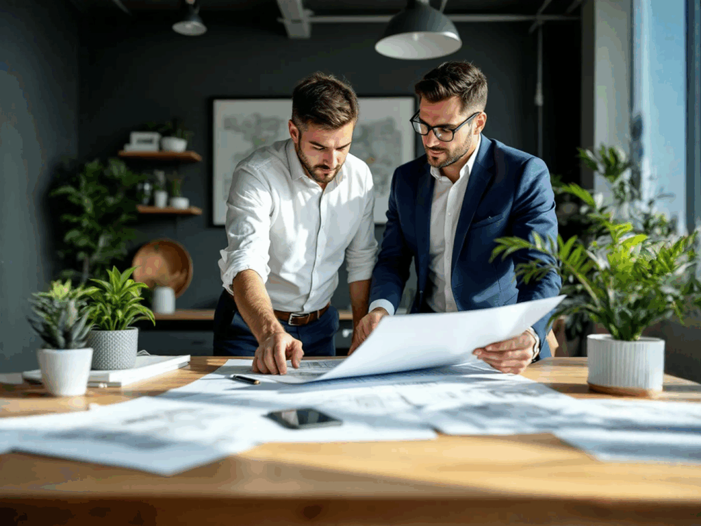 Commercial investor and broker reviewing industrial property plans in Palm Harbor.