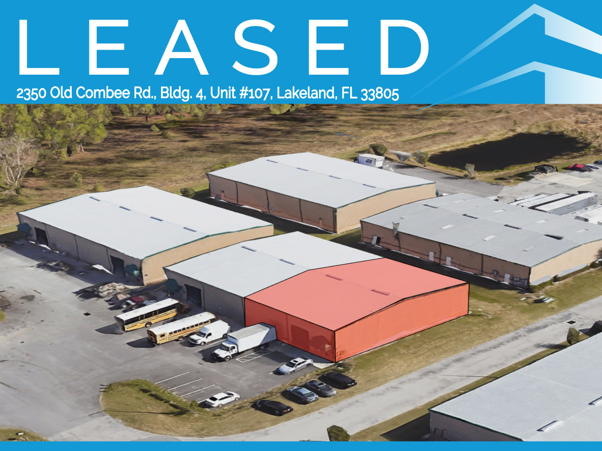 Aerial view of an industrial complex in Lakeland, FL, with the leased warehouse unit outlined in red beneath a blue “LEASED” banner. The address “2350 Old Combee Rd., Bldg. 4, Unit #107” appears below, accompanying Florida ROI’s announcement of Sebastian Sprenger securing a warehouse and office lease for Commercial Drain Services, LLC